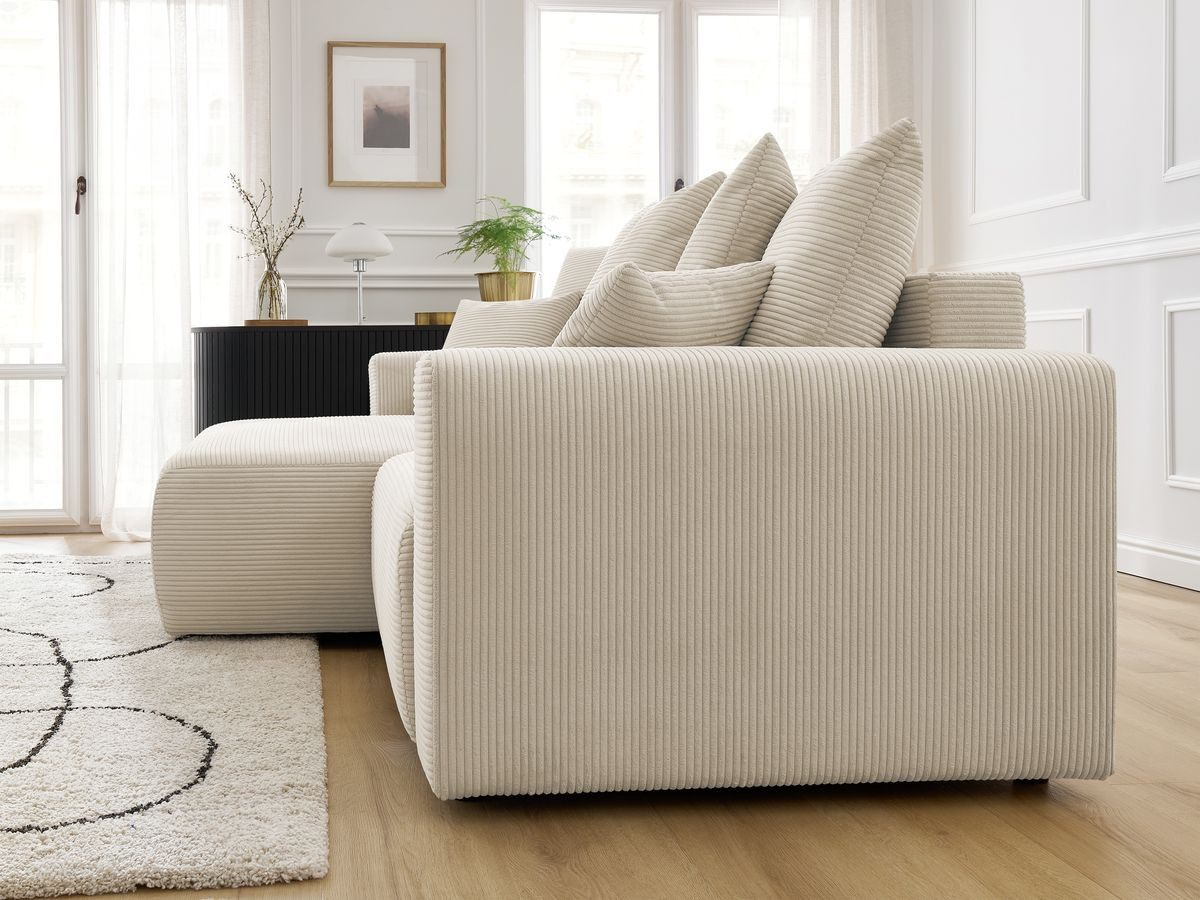 Bobochic Atilla Ecksofa mit Schlaffunktion und Bettkasten Cordsamt Beige Ecke links