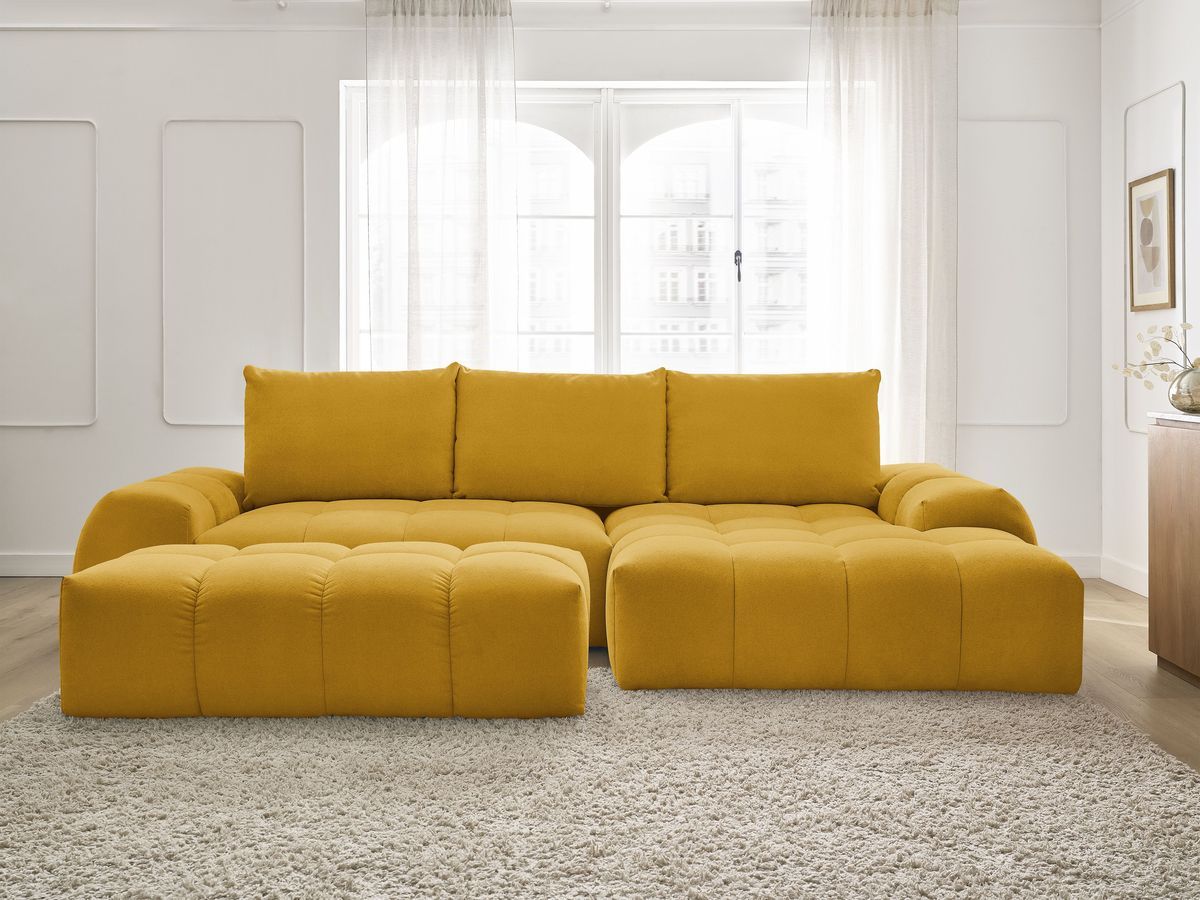 Bobochic Everest Ecksofa mit Schlaffunktion und Bettkasten und Pouf 318 × 180 cm, 3 Kissen Strukturstoff Gelb Ecke rechts
