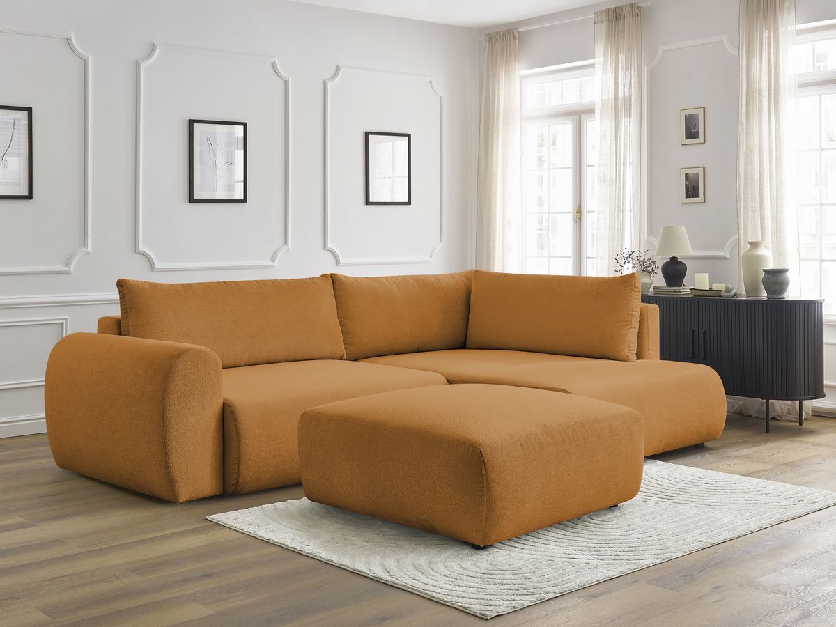 Bobochic Lucien Ecksofa mit Schlaffunktion und Bettkasten und Pouf 296 × 198 cm Stoff Gelb Ecke rechts
