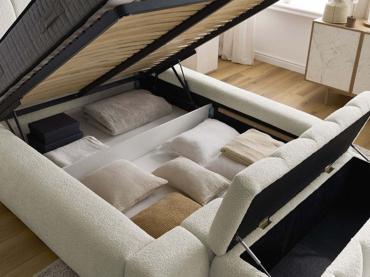 Bobochic Denali Polsterbett mit Bettkasten mit Bettbank Bouclé-Stoff Weiß, Liegefläche 180 × 200 cm
