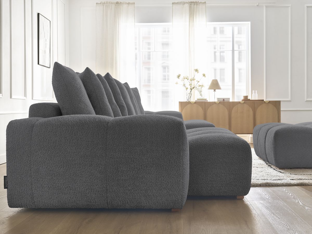 Bobochic Anakin Wohnlandschaft mit Pouf, 10 Kissen Bouclé-Stoff Dunkelgrau