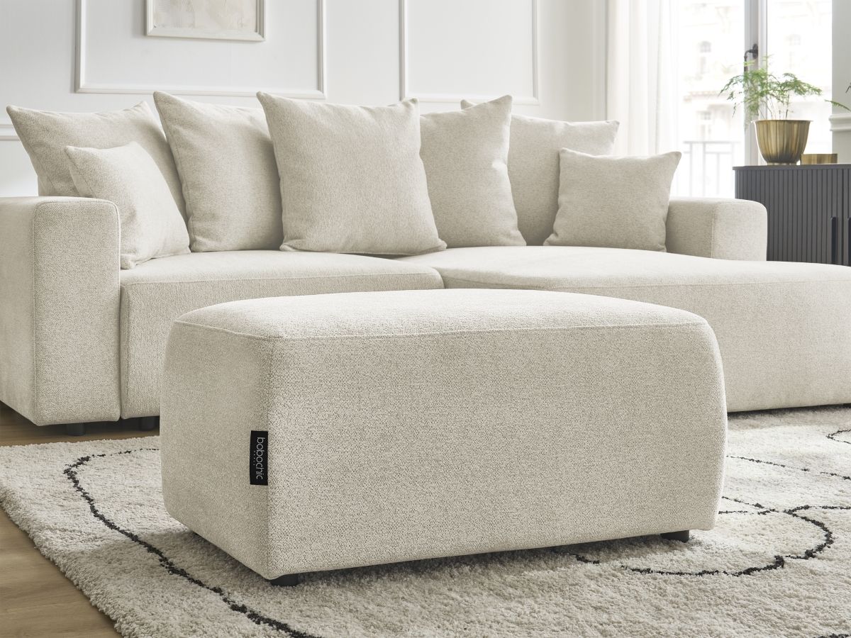 Bobochic Atilla Ecksofa mit Schlaffunktion und Bettkasten und Pouf Melange-Stoff Weiß Ecke rechts