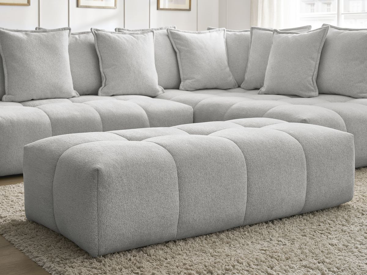 Bobochic Everest Ecksofa mit Schlaffunktion und Bettkasten und Pouf 320 × 212 cm, 10 Kissen Melange-Stoff Hellgrau Ecke rechts
