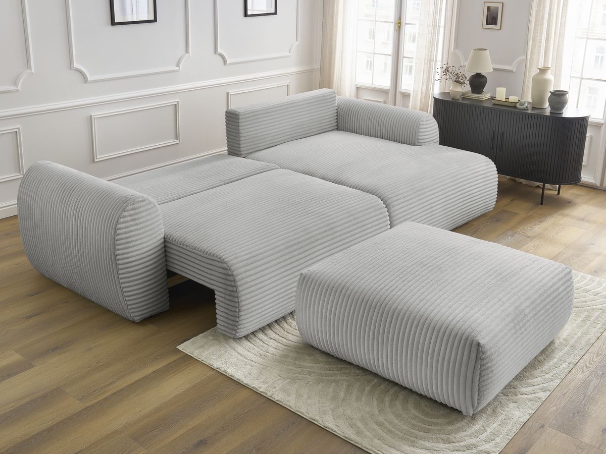 Bobochic Lucien Ecksofa mit Schlaffunktion und Bettkasten und Pouf 314 × 167 cm Breitcord weich Hellgrau Ecke rechts