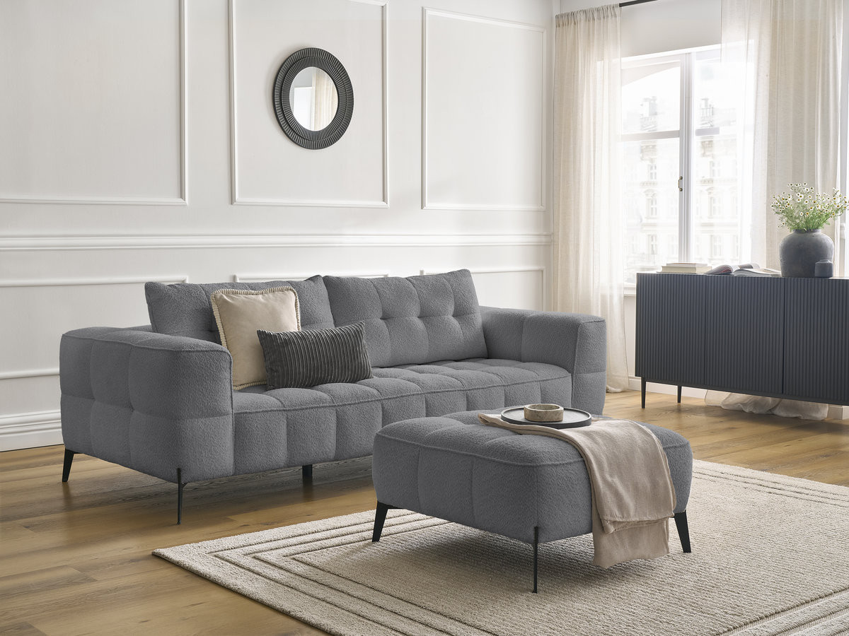 Bobochic Anis Sofa 3-Sitzer mit Pouf Bouclé-Stoff Dunkelgrau