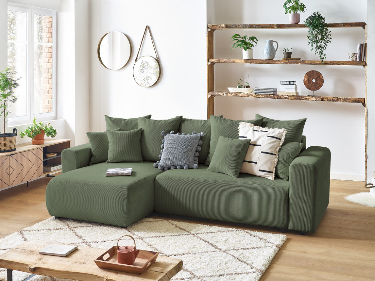 Bobochic Envy Ecksofa mit Schlaffunktion und Bettkasten Cordsamt Grün