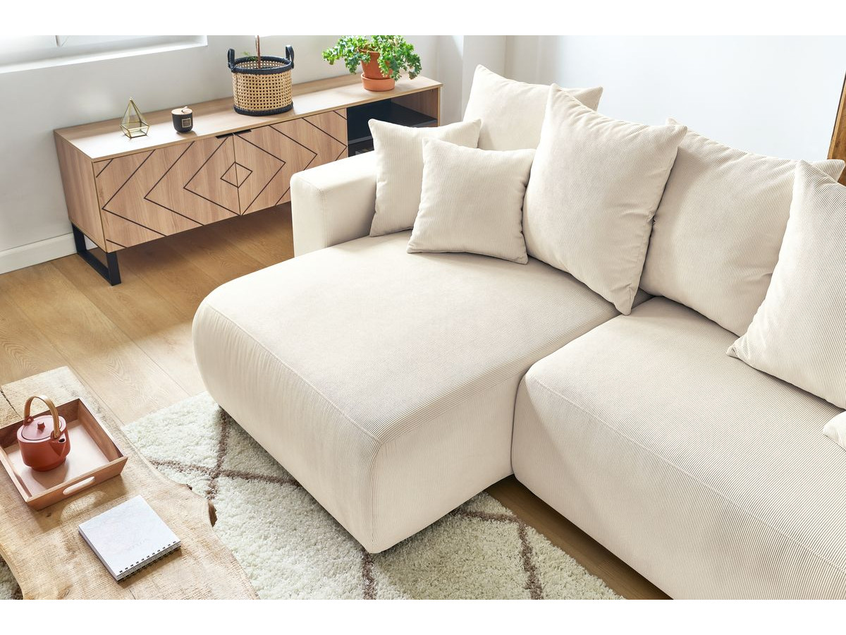 Bobochic Envy Ecksofa mit Schlaffunktion und Bettkasten und Pouf Cordsamt Beige