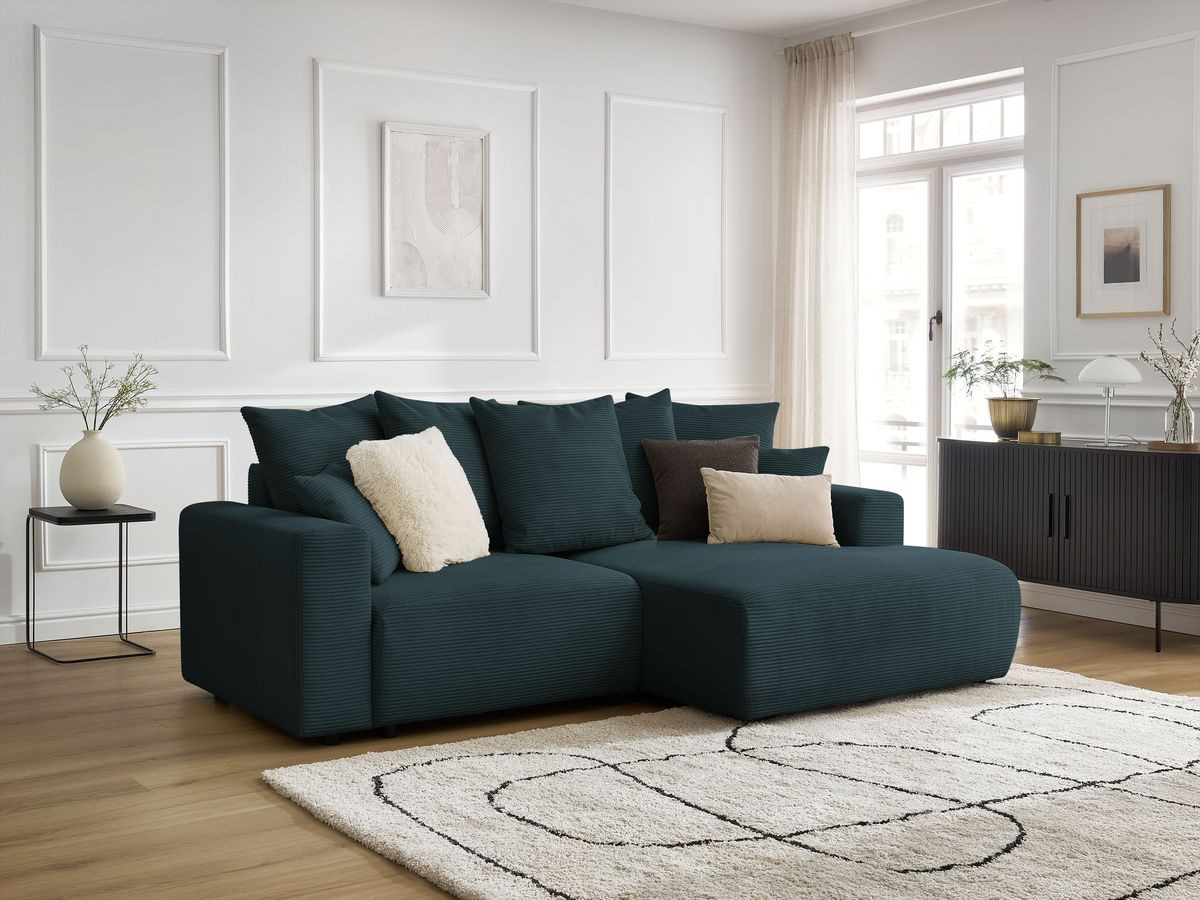 Bobochic Atilla Ecksofa mit Schlaffunktion und Bettkasten Cordsamt Dunkelblau Ecke rechts