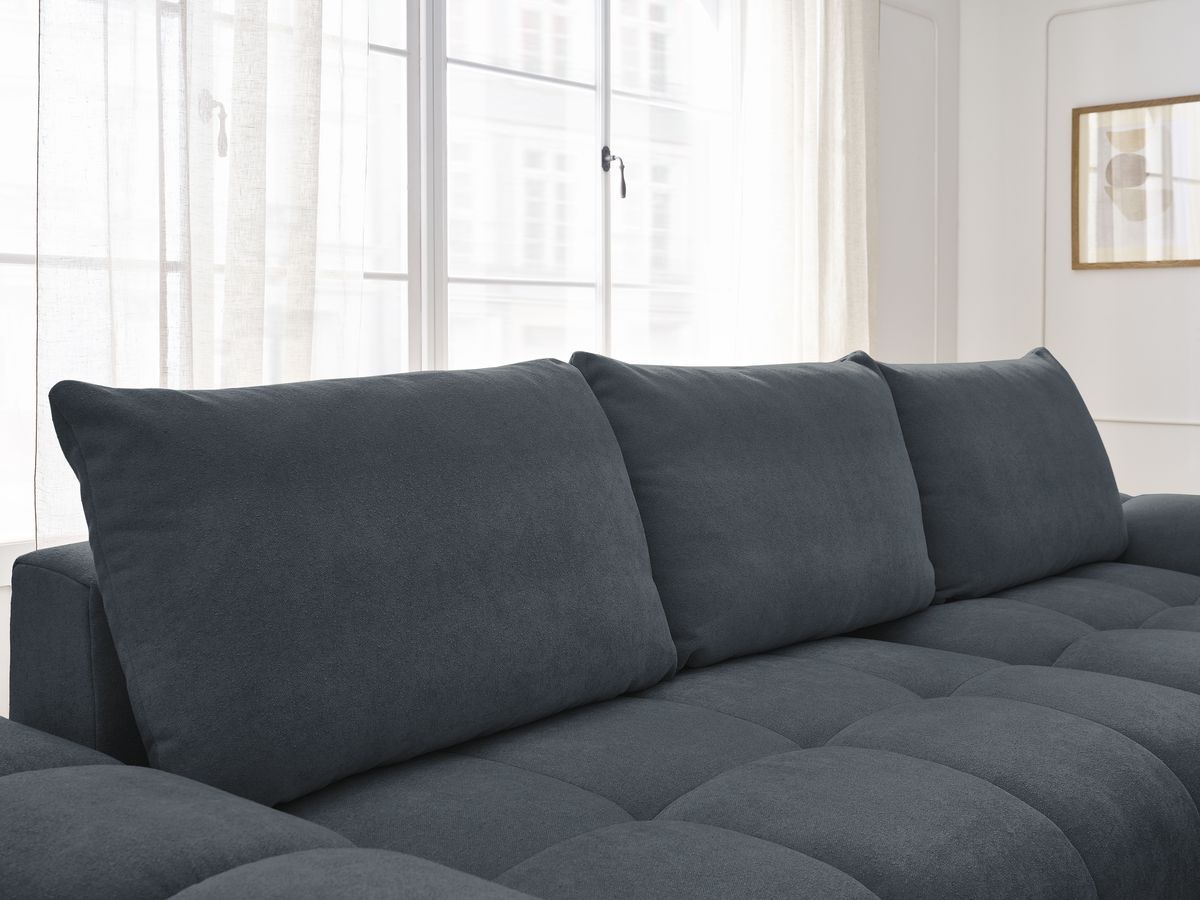 Bobochic Everest Ecksofa mit Schlaffunktion und Bettkasten und Pouf 318 × 180 cm, 3 Kissen Strukturstoff Blau Ecke rechts