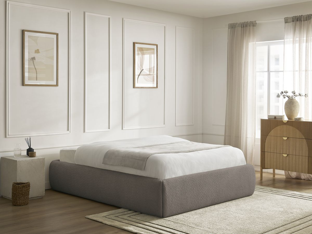 Bobochic Inera Bettgestell mit Bettkasten, ohne Kopfteil Bouclé-Stoff Braun, Liegefläche 140 × 190 cm