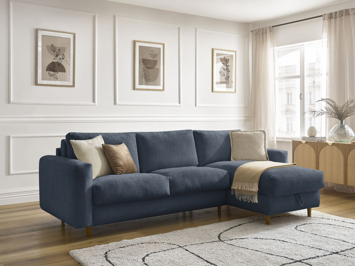 Bobochic Cocoone Ecksofa mit Schlaffunktion und Bettkasten Strukturstoff Dunkelblau, Liegefläche 140 × 200 cm