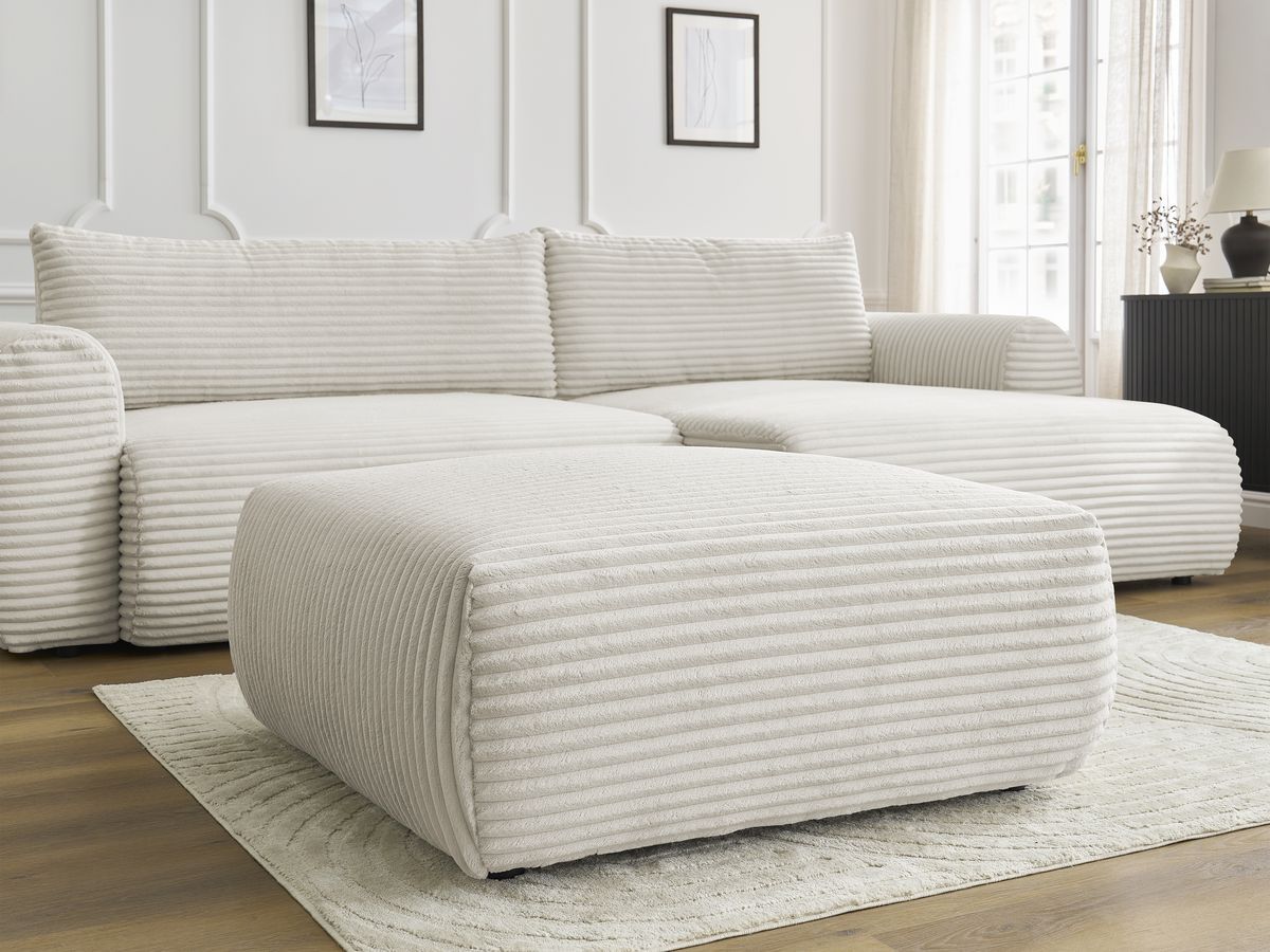 Bobochic Lucien Ecksofa mit Schlaffunktion und Bettkasten und Pouf 314 × 167 cm Breitcord weich Beige Ecke rechts