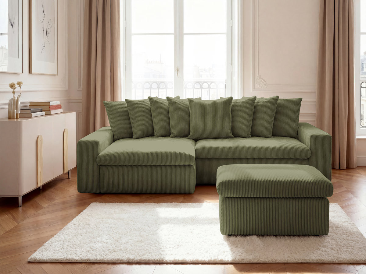Bobochic Enore Ecksofa mit Pouf Cordsamt Hellgrün Ecke links