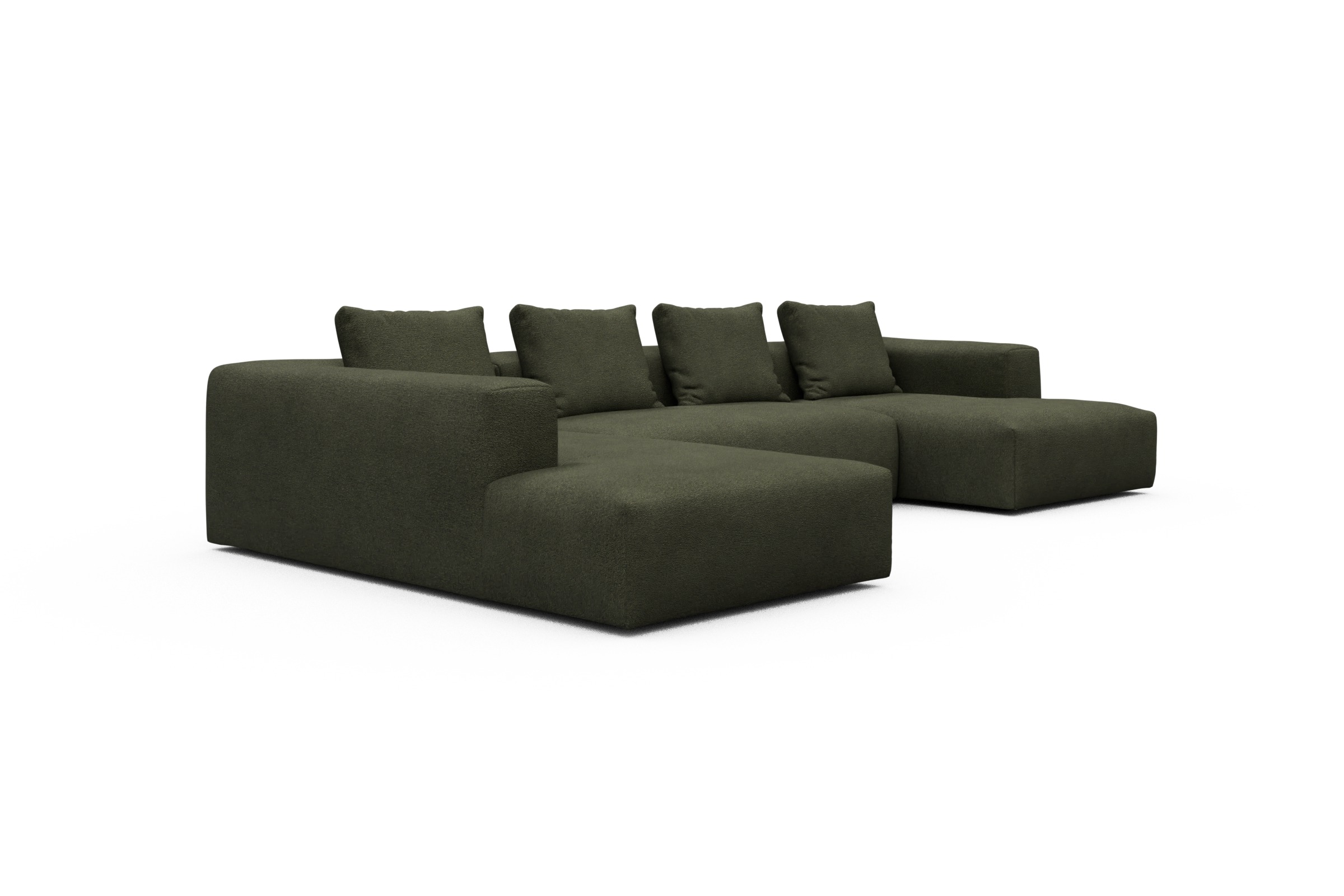 Wohnlandschaft Fred Relax-Ecke links mit 2-Sitzer und Chaiselongue rechts Boucle Skandi 535-Forest-Green
