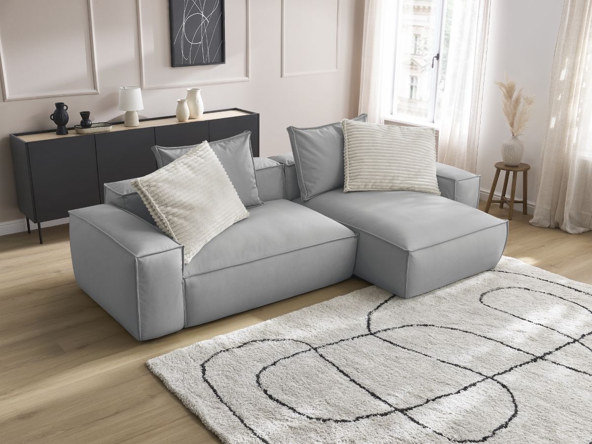 Bobochic Boheme Ecksofa, 3 Kissen Kunstleder Hellgrau