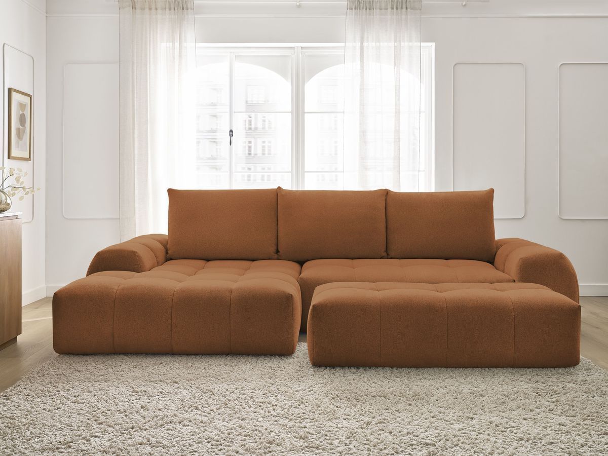 Bobochic Everest Ecksofa mit Schlaffunktion und Bettkasten und Pouf 318 × 180 cm, 3 Kissen Melange-Stoff Orange Ecke links