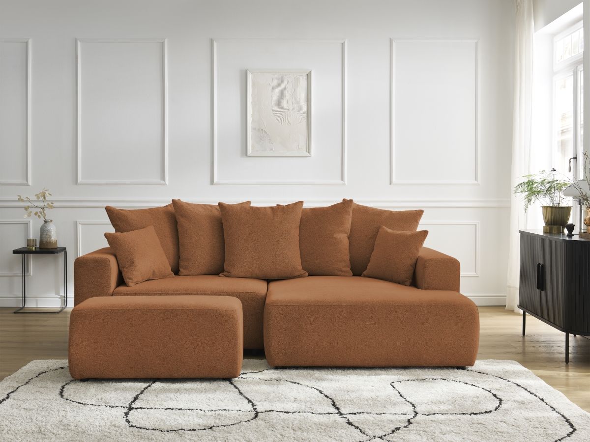 Bobochic Atilla Ecksofa mit Schlaffunktion und Bettkasten und Pouf Melange-Stoff Orange Ecke rechts