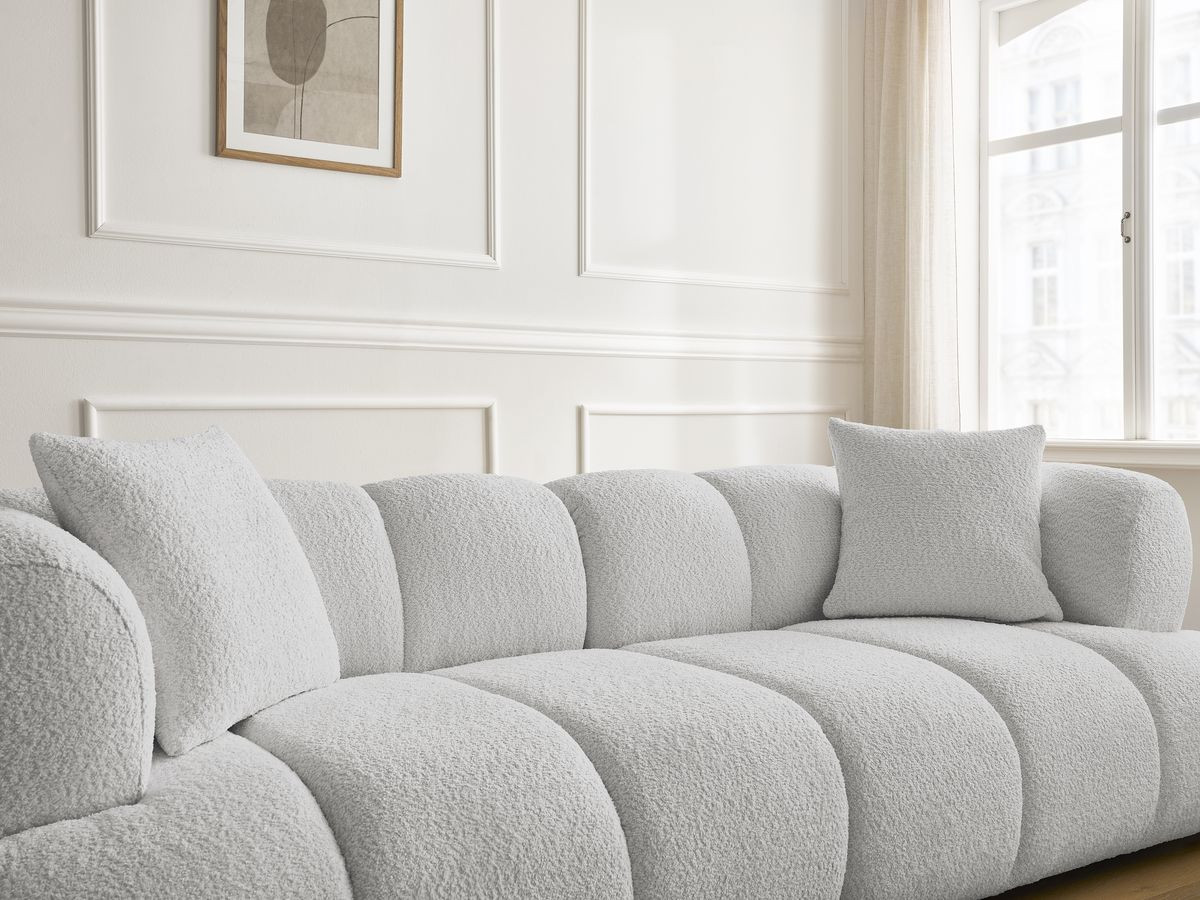 Bobochic Pamira Sofa 3-Sitzer mit Pouf Bouclé-Stoff Hellgrau