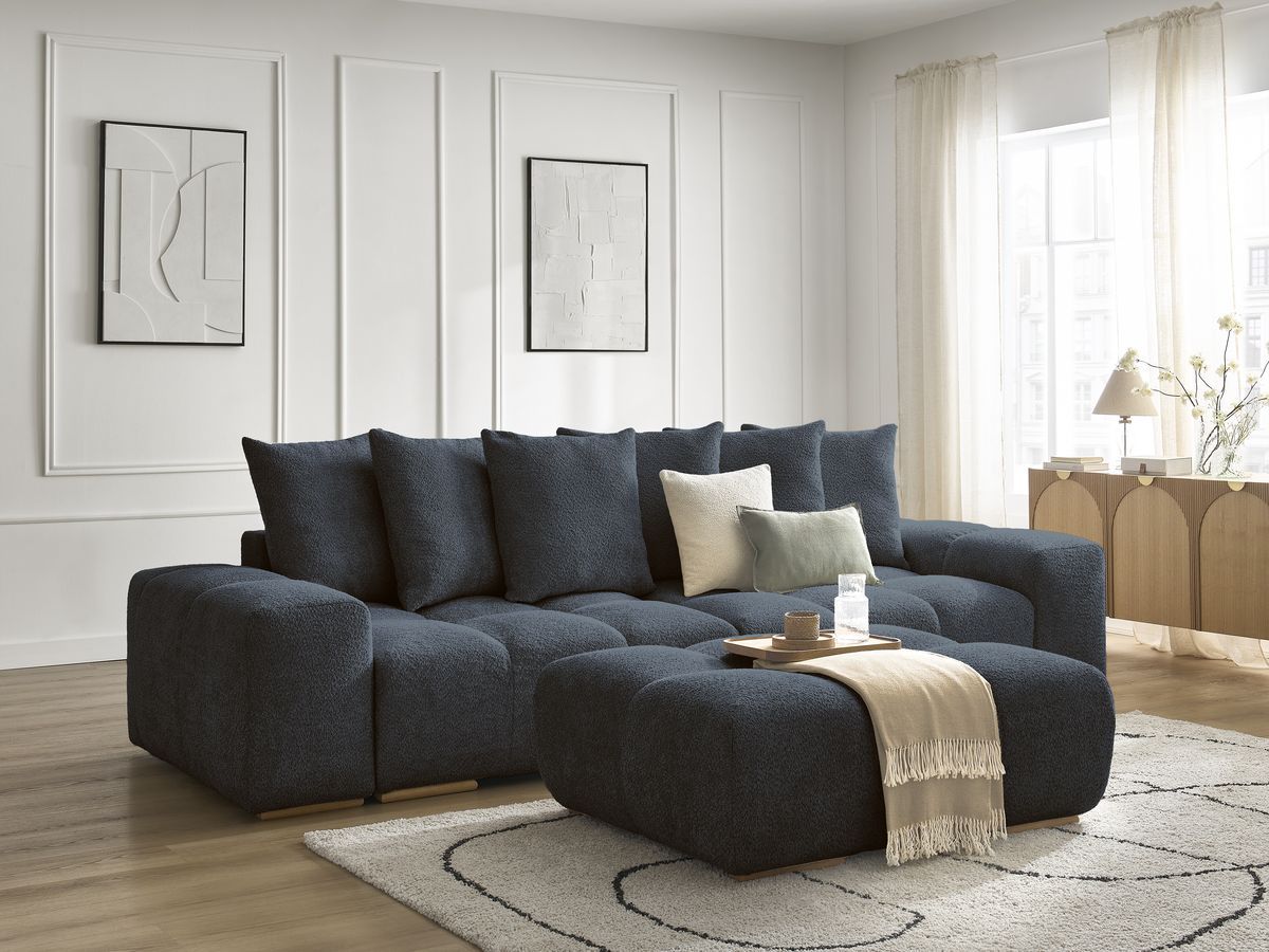 Bobochic Anakin Schlafsofa 3-Sitzer mit Bettkasten und Pouf, 6 Kissen Bouclé-Stoff Dunkelblau