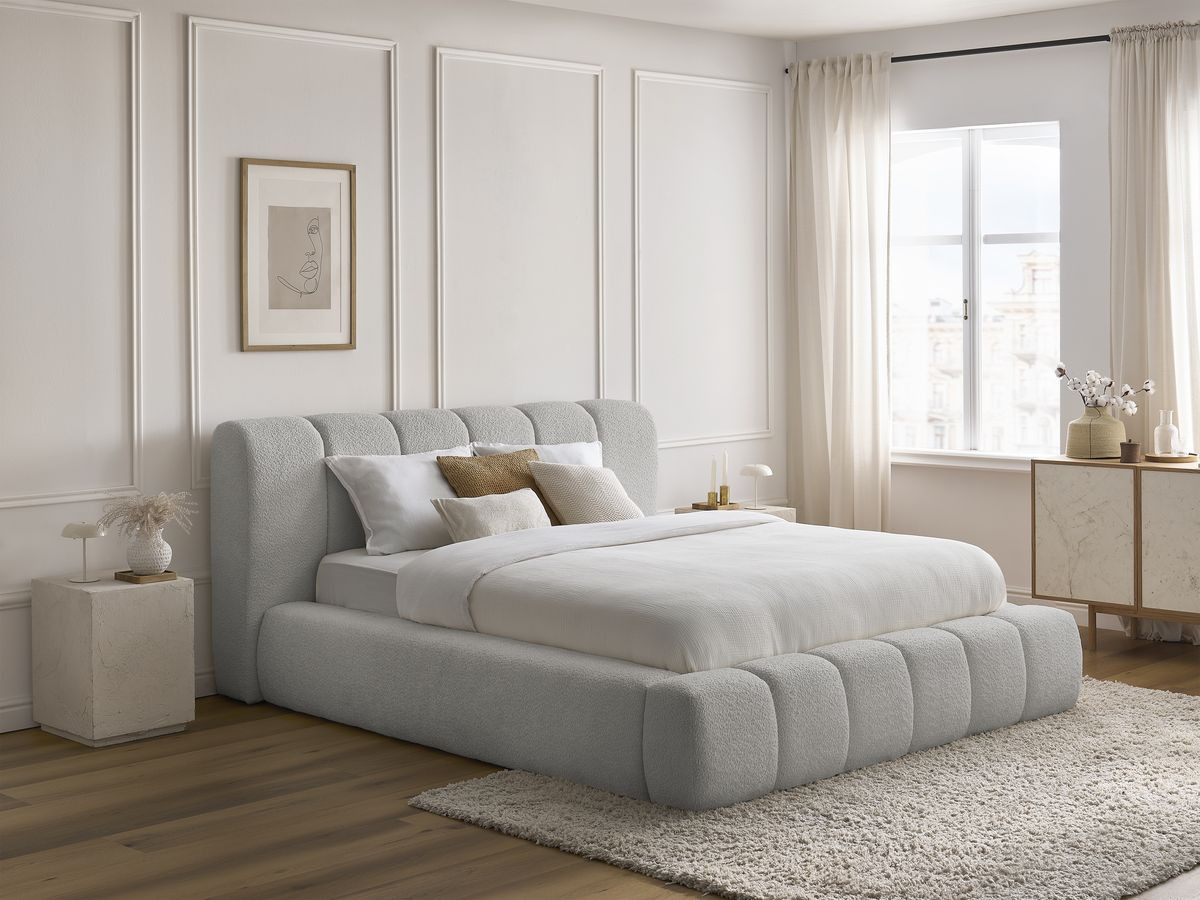 Bobochic Denali Polsterbett mit Bettkasten Bouclé-Stoff Hellgrau, Liegefläche 180 × 200 cm