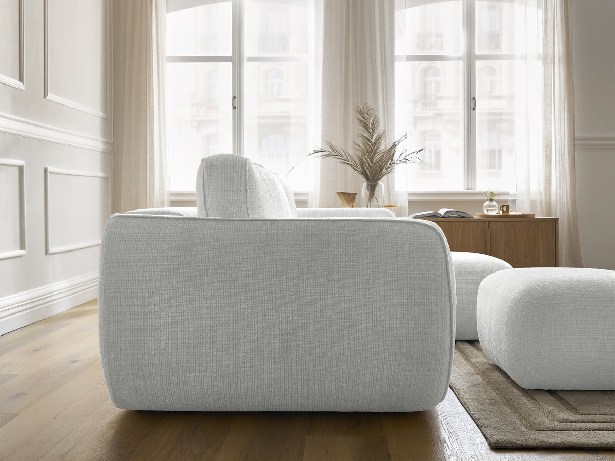 Bobochic Denise Ecksofa mit Schlaffunktion und Bettkasten und Pouf 258 × 160 cm Strukturstoff Hellgrau Ecke rechts