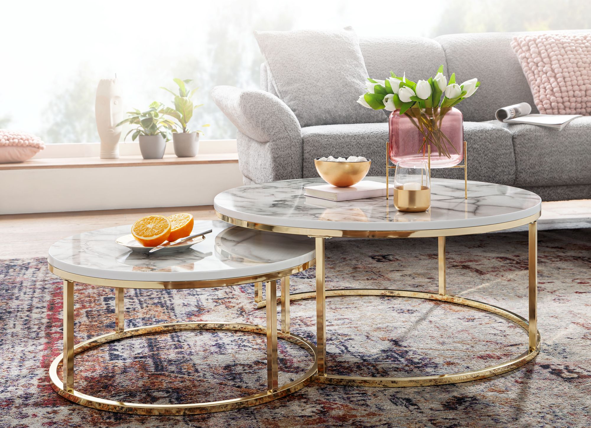 Satztisch 2er-Set Kaldakinn Marmoroptik Gold Ø 80 cm