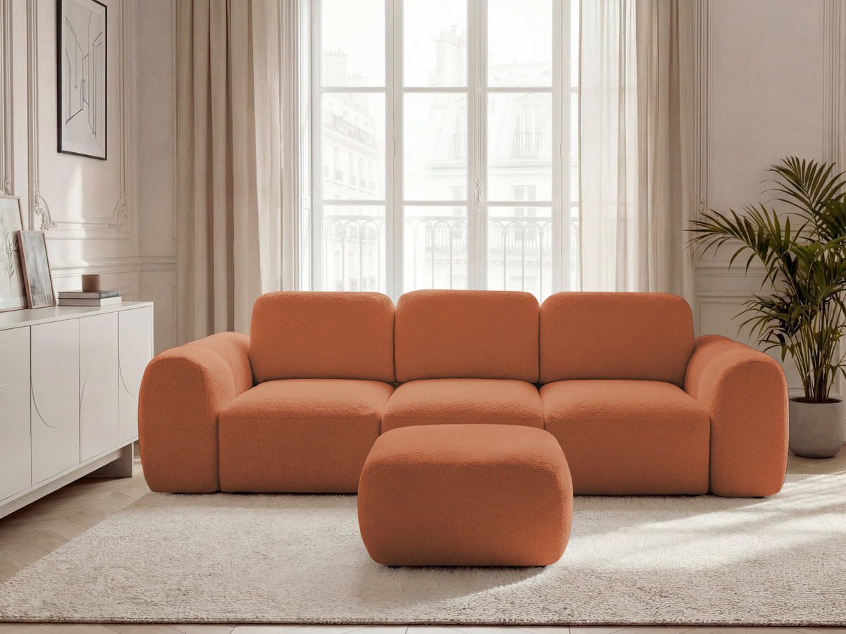 Bobochic Montaigne Schlafsofa 3-Sitzer mit Bettkasten und Pouf Bouclé-Stoff Orange