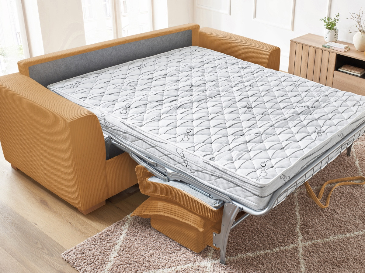 Bobochic Augustin Schlafsofa 3-Sitzer Cordsamt Gelb, Liegefläche 140 × 200 cm