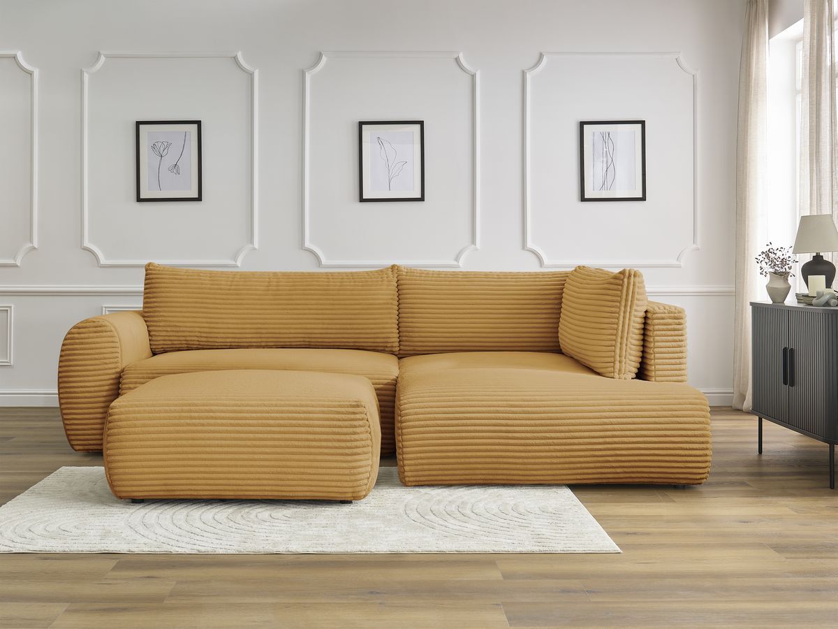 Bobochic Lucien Ecksofa mit Schlaffunktion und Bettkasten und Pouf 296 × 198 cm Breitcord weich Gelb Ecke rechts