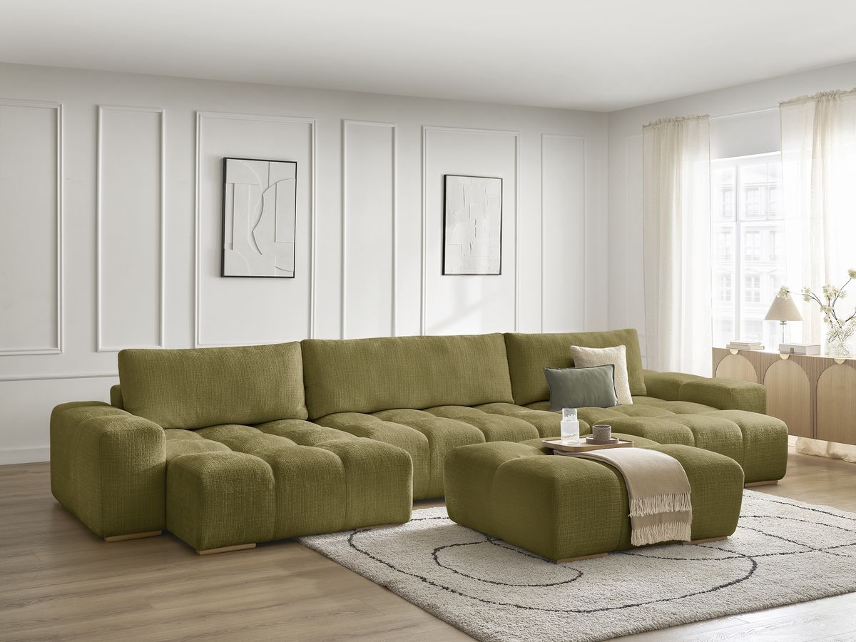 Bobochic Anakin Wohnlandschaft mit Pouf, 3 Kissen Strukturstoff Grün
