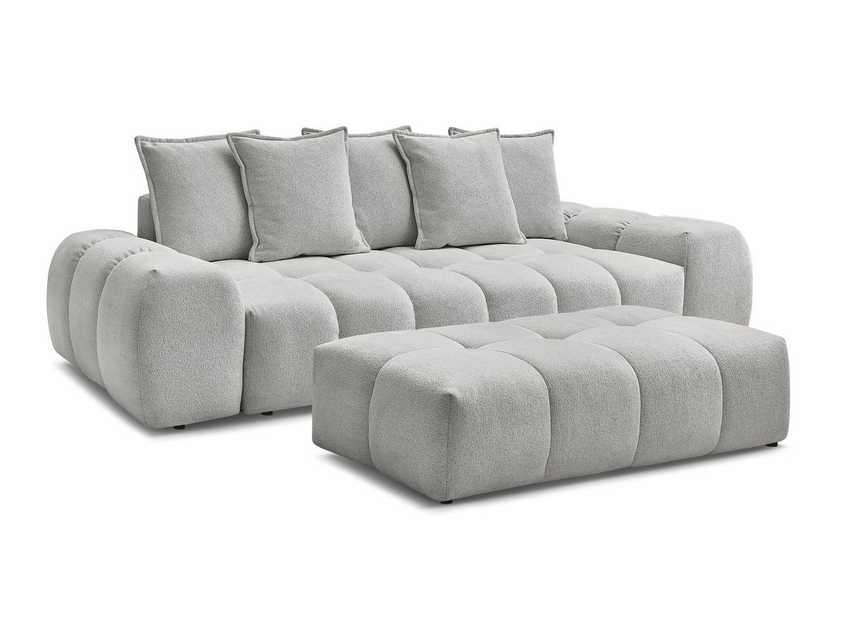 Bobochic Everest Schlafsofa 3-Sitzer mit Bettkasten und Pouf, 5 Kissen Melange-Stoff Hellgrau