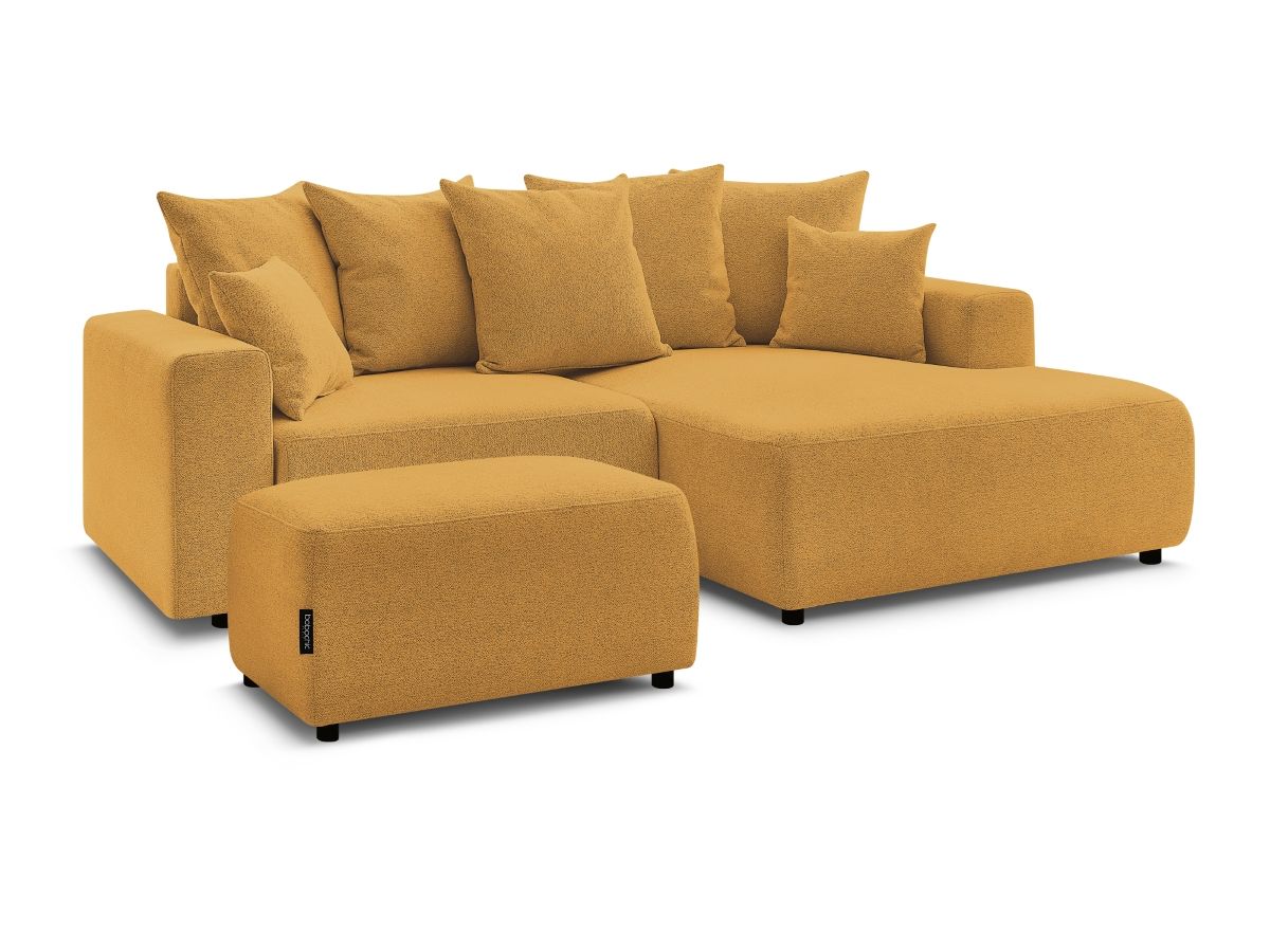 Bobochic Atilla Ecksofa mit Schlaffunktion und Bettkasten und Pouf Melange-Stoff Gelb Ecke rechts