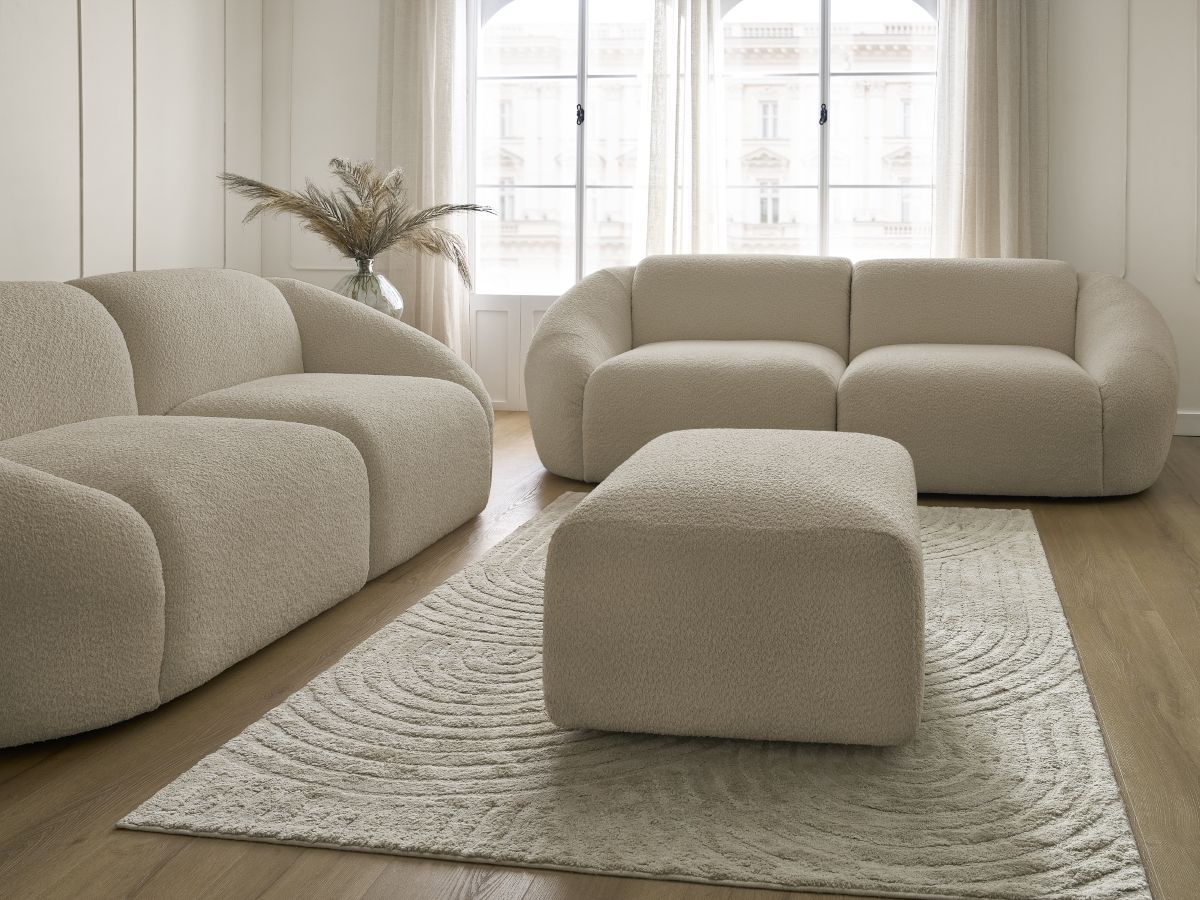 Bobochic Tina Sofa 6-Sitzer mit Pouf Bouclé-Stoff Beige