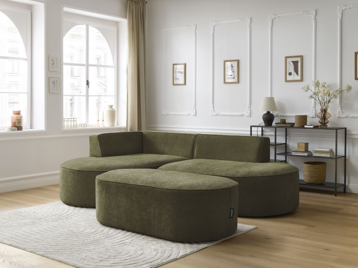 Bobochic Rousseau Ecksofa mit Pouf Strukturstoff Grün Ecke links
