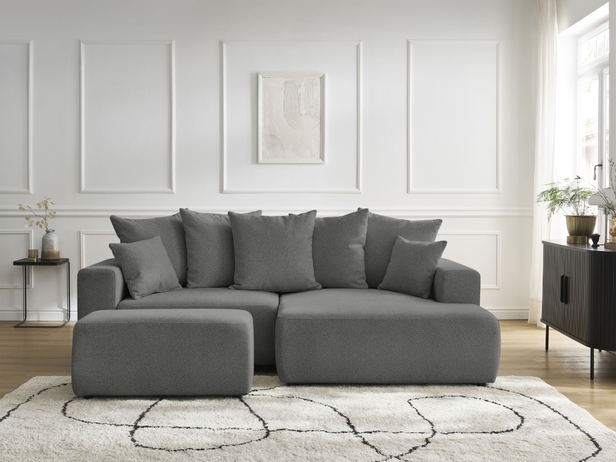 Bobochic Atilla Ecksofa mit Schlaffunktion und Bettkasten und Pouf Melange-Stoff Dunkelgrau Ecke rechts