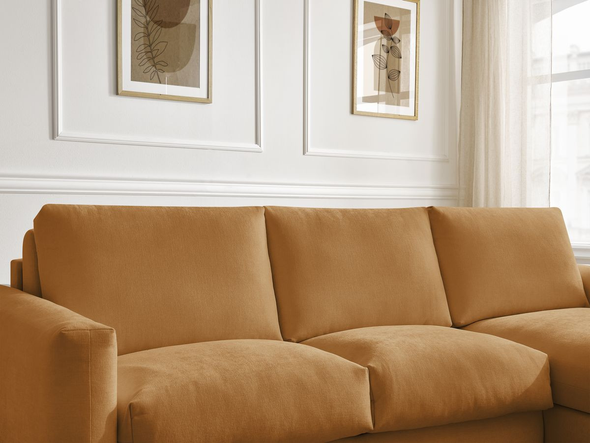 Bobochic Cocoone Ecksofa mit Schlaffunktion und Bettkasten Stoff Gelb, Liegefläche 160 × 200 cm