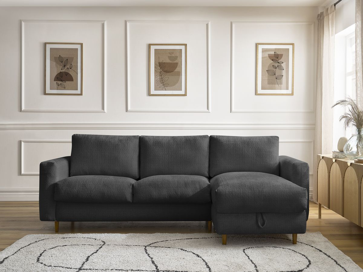 Bobochic Cocoone Ecksofa mit Schlaffunktion und Bettkasten Strukturstoff Schwarz, Liegefläche 140 × 200 cm