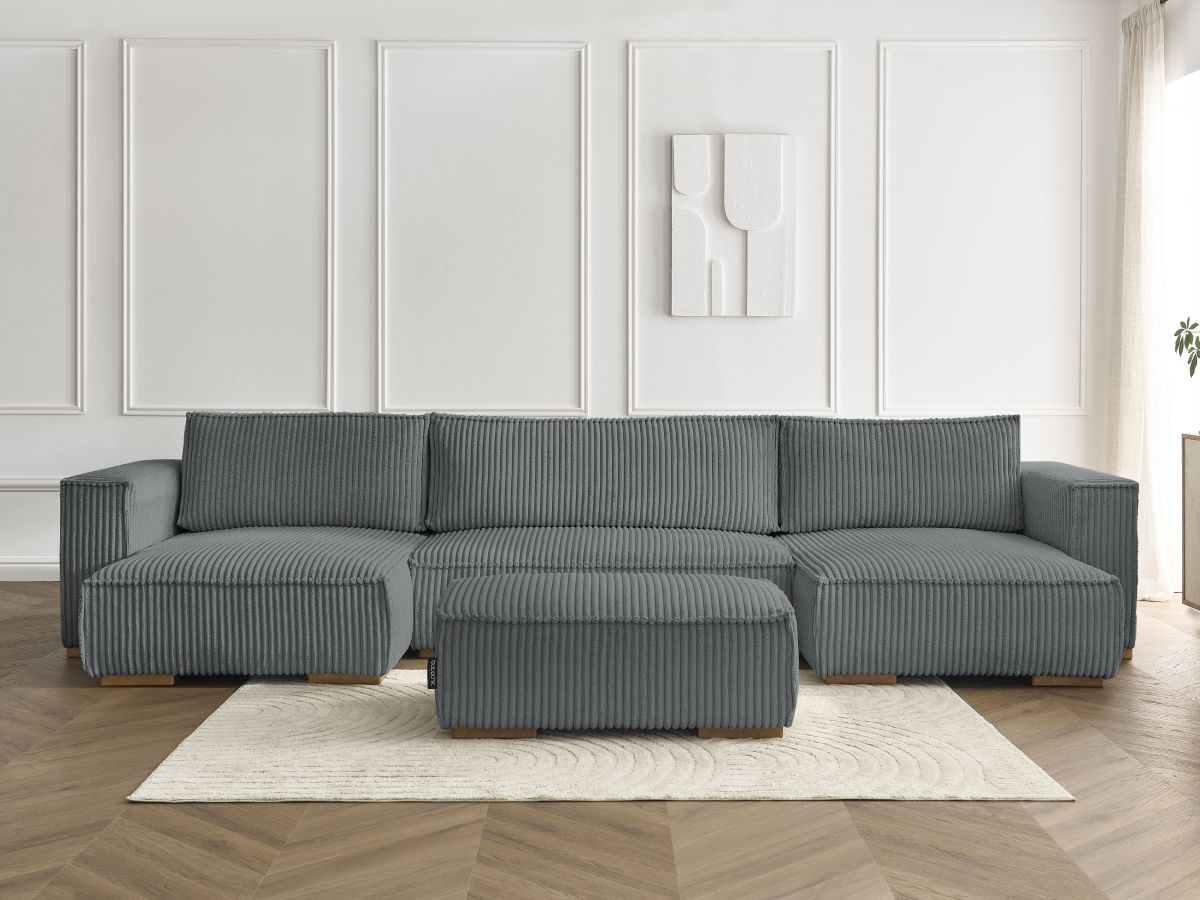Bobochic Chelsea Wohnlandschaft mit Pouf Breitcord weich Dunkelgrau