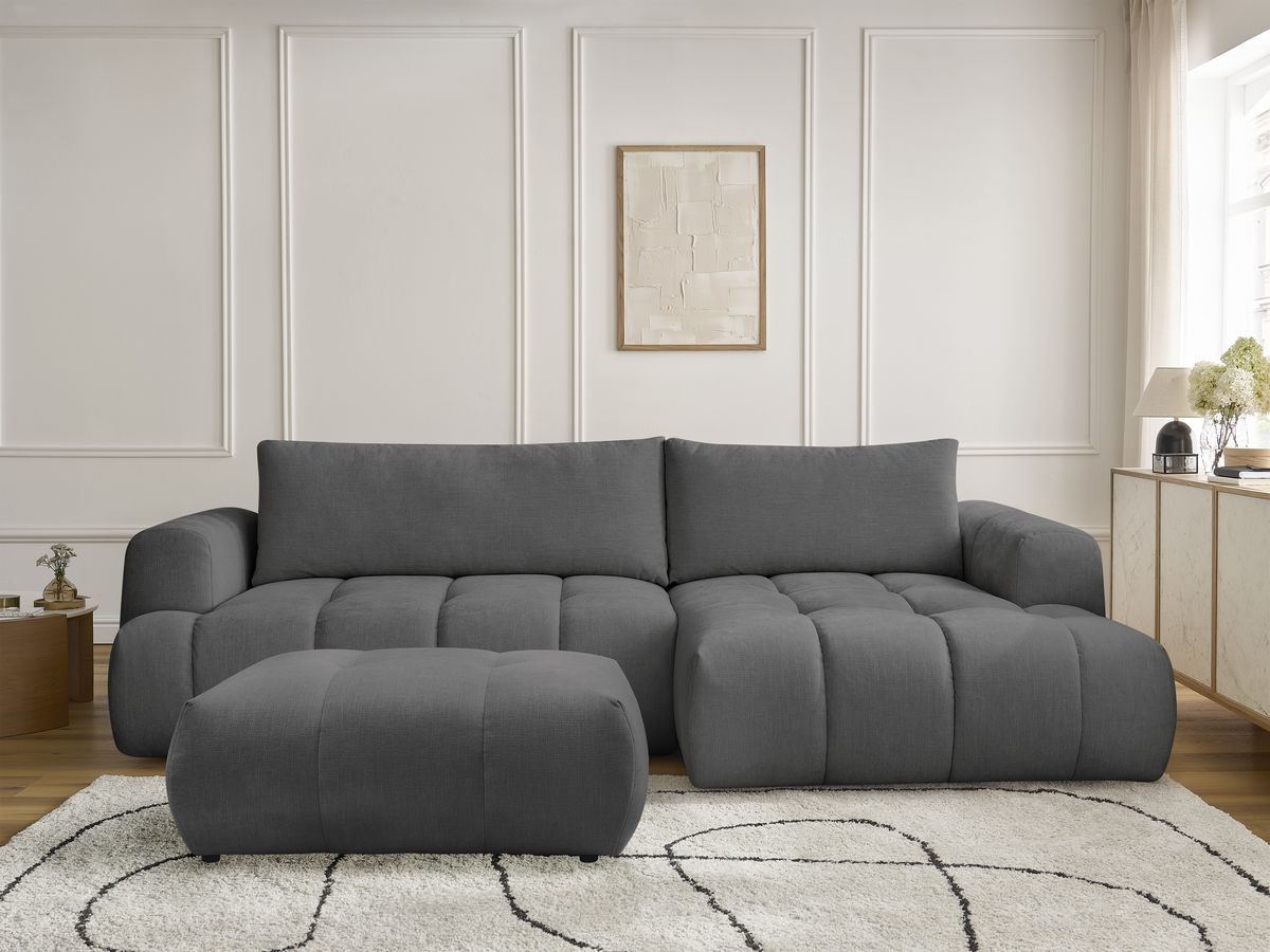 Bobochic Fuji Ecksofa mit Schlaffunktion und Bettkasten und Pouf 292 × 160 cm Stoff Dunkelgrau Ecke rechts