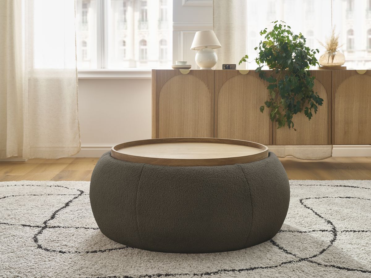 Bobochic Hayden Pouf mit Tablett, rund Bouclé-Stoff Braun, 87 cm
