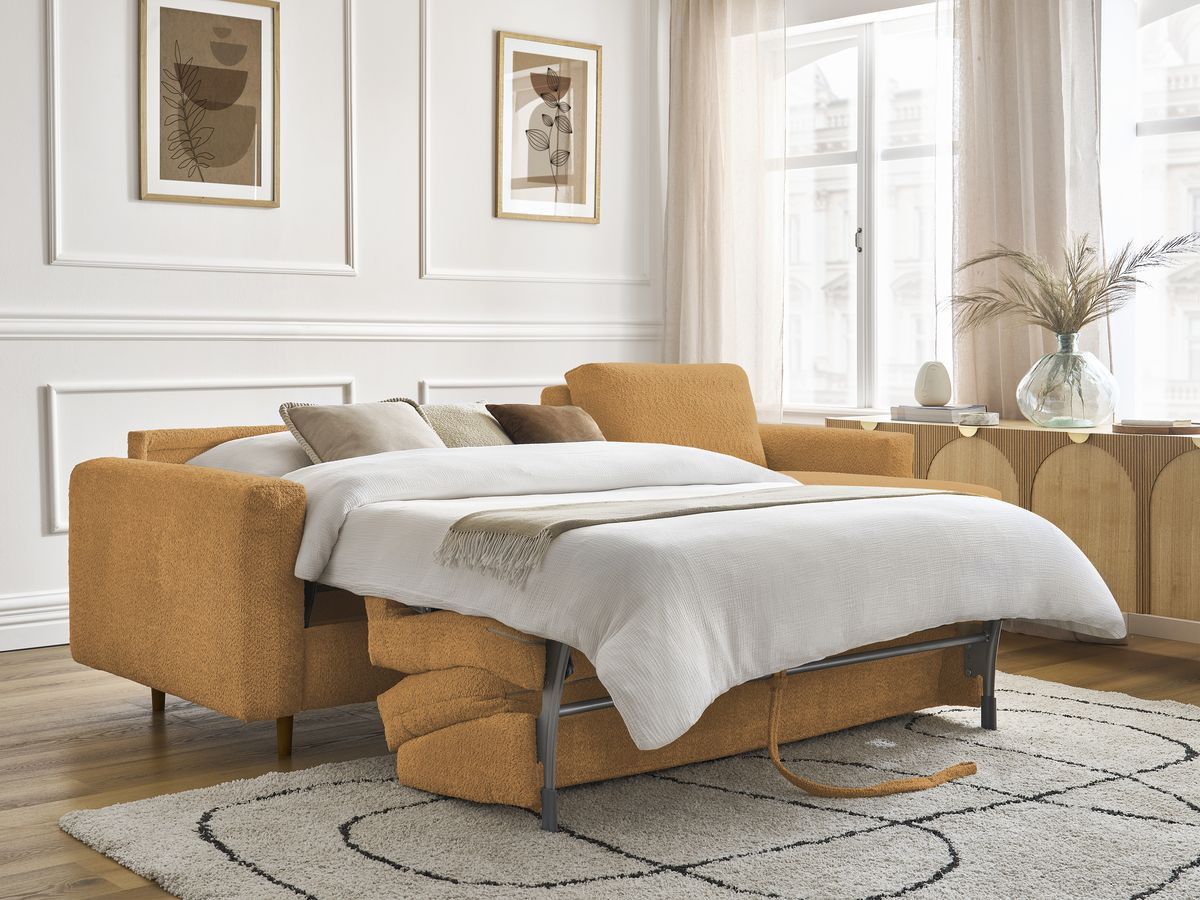 Bobochic Cocoone Ecksofa mit Schlaffunktion und Bettkasten Bouclé-Stoff Gelb, Liegefläche 140 × 200 cm