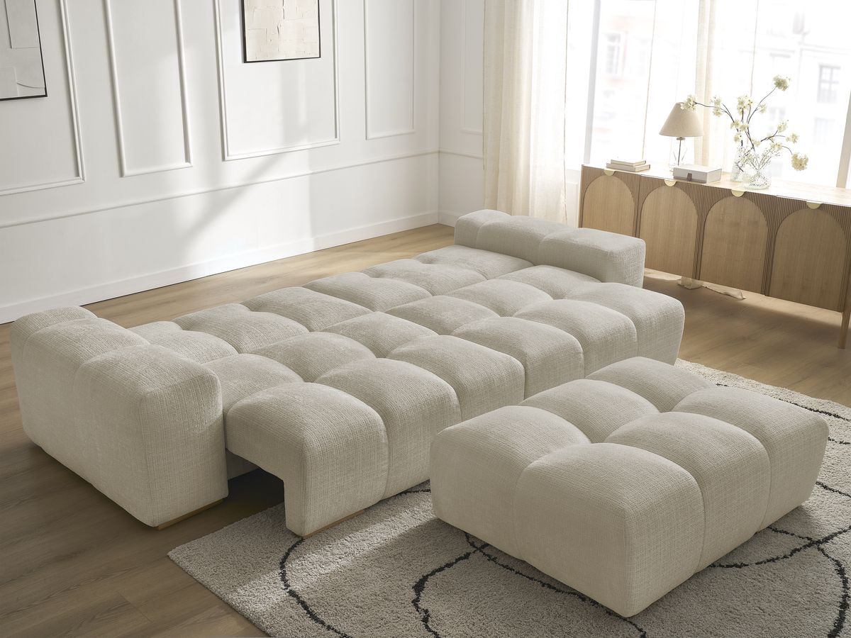 Bobochic Anakin Schlafsofa 3-Sitzer mit Bettkasten und Pouf, 6 Kissen Strukturstoff Beige