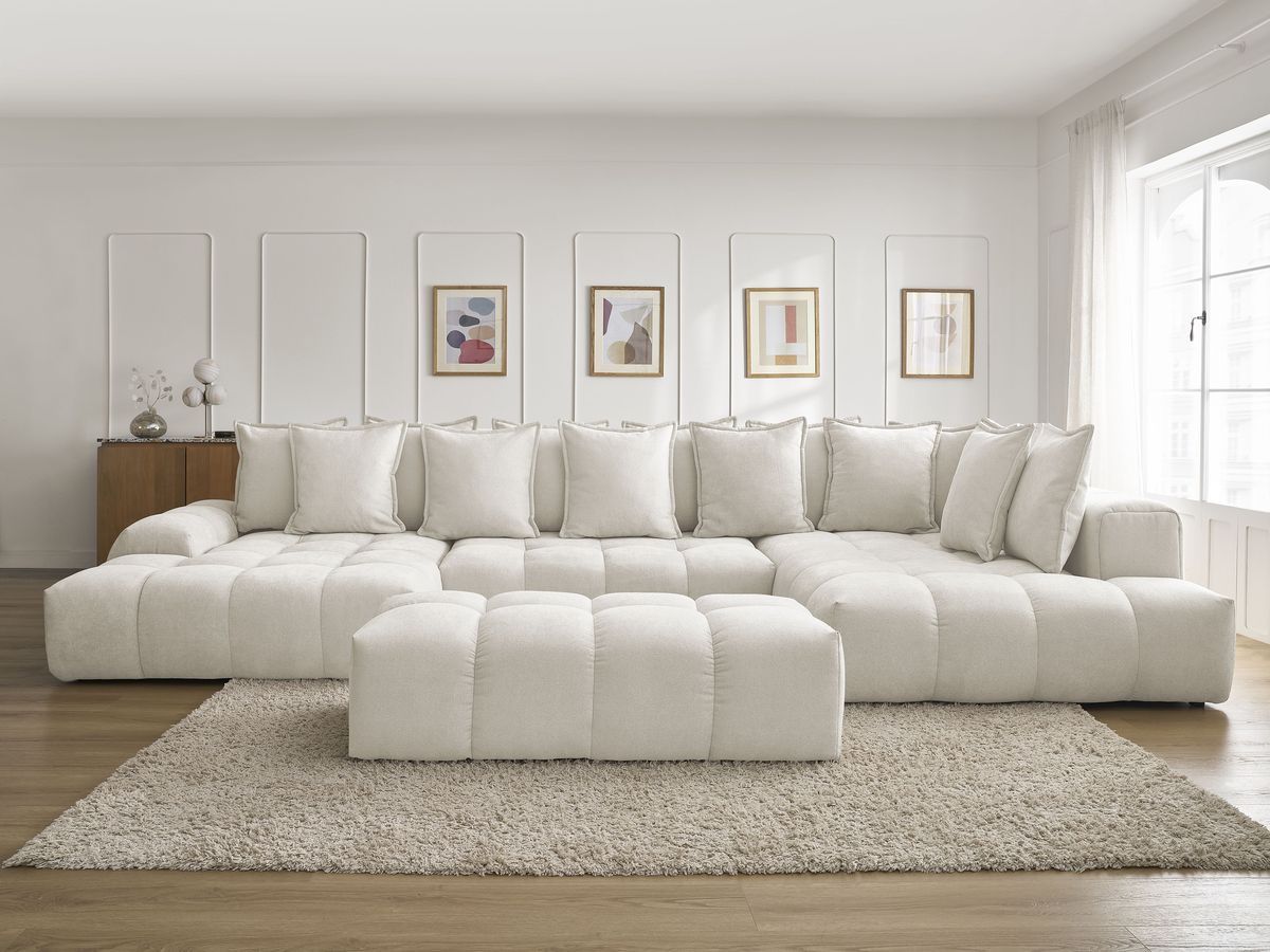Bobochic Everest Wohnlandschaft mit Pouf, 14 Kissen Strukturstoff Weiß Ecke links