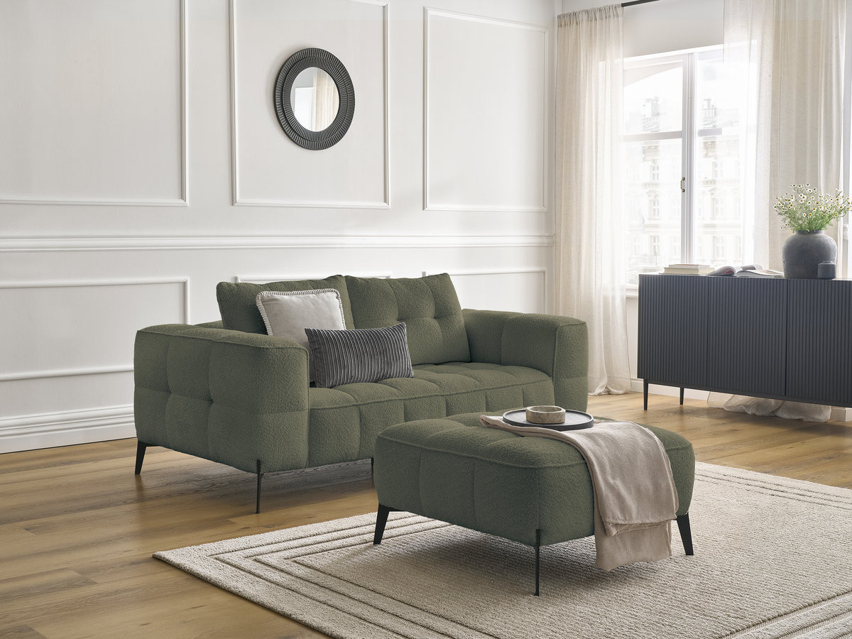 Bobochic Anis Sofa 2-Sitzer mit Pouf Bouclé-Stoff Grün