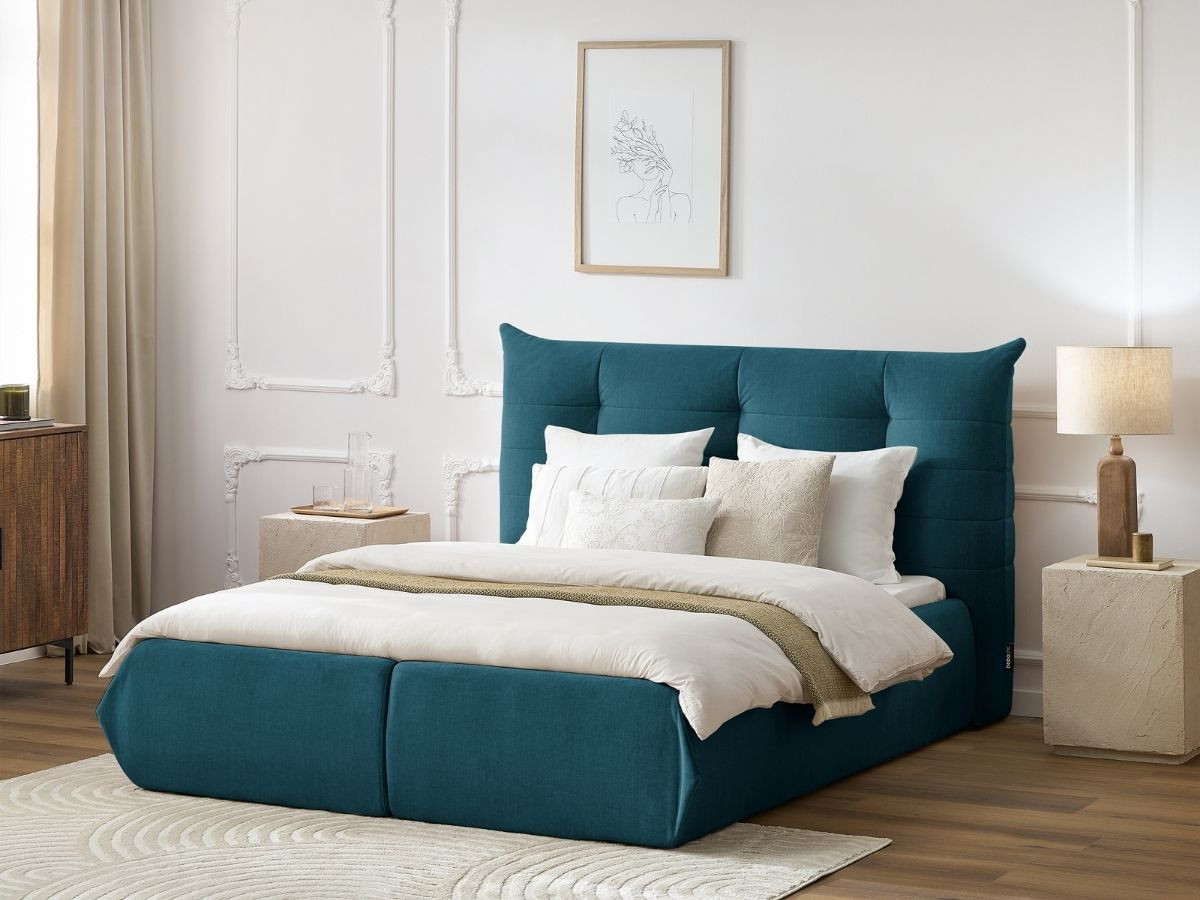 Bobochic Clothilde Polsterbett mit Bettkasten Samt Blau, Liegefläche 160 × 200 cm