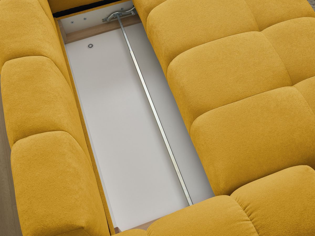 Bobochic Everest Ecksofa mit Schlaffunktion und Bettkasten 320 × 212 cm, 10 Kissen Strukturstoff Gelb Ecke rechts