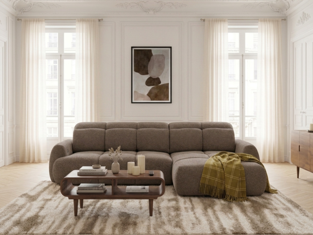 Bobochic Ruby Ecksofa mit Schlaffunktion und Bettkasten Chenille Braun Ecke rechts