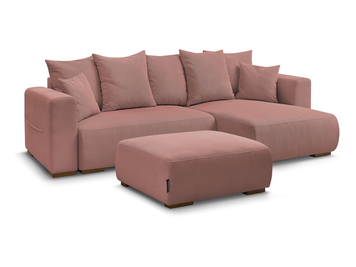 Bobochic Sidonie Ecksofa mit Schlaffunktion und Bettkasten und Pouf Cordsamt Rosa