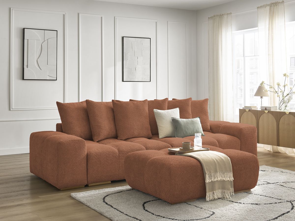 Bobochic Anakin Schlafsofa 3-Sitzer mit Bettkasten und Pouf, 6 Kissen Bouclé-Stoff Orange