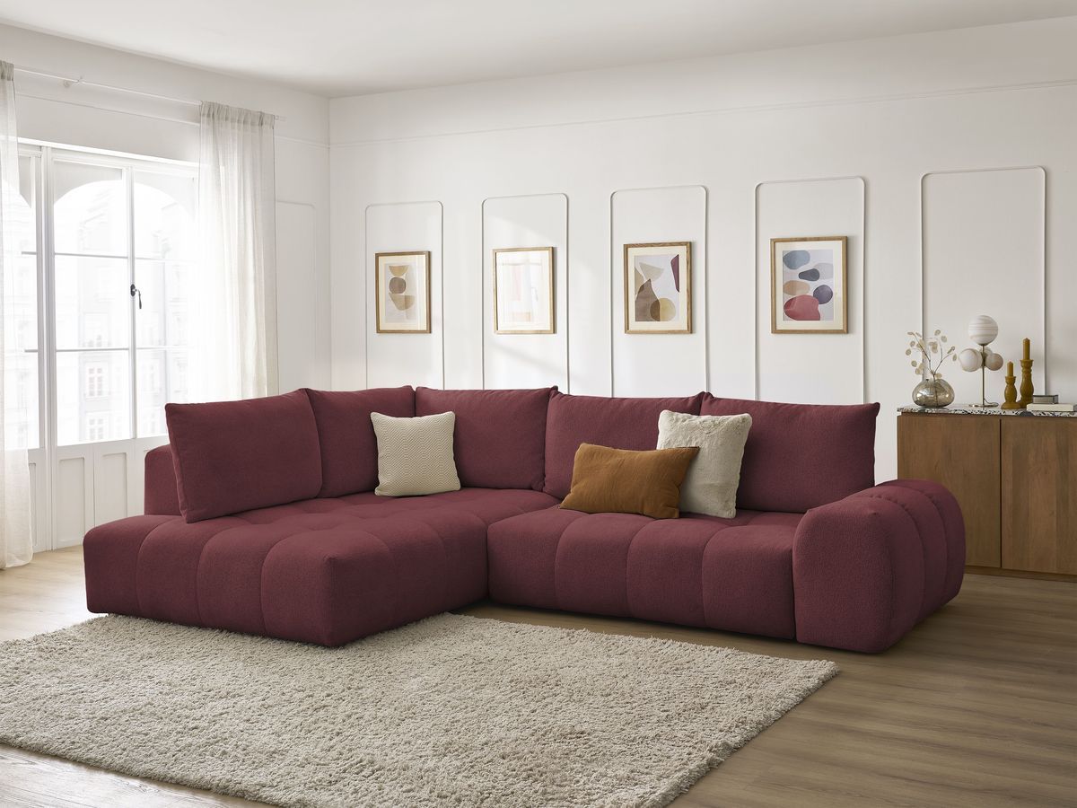 Bobochic Everest Ecksofa mit Schlaffunktion und Bettkasten 320 × 212 cm, 5 Kissen Melange-Stoff Rot Ecke links